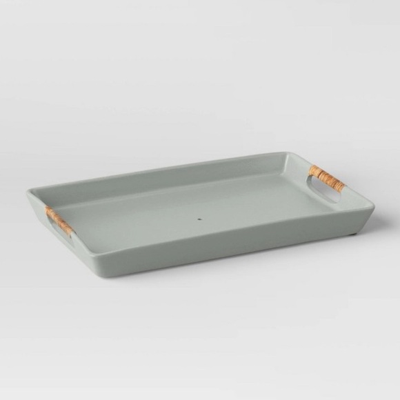 NWT rectangular earthenware tray w/rattan skin handles threshold studio McGee - Picture 1 of 5